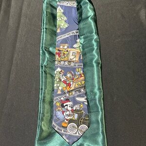 Disney Blue and Green Necktie with Train and Tree Design